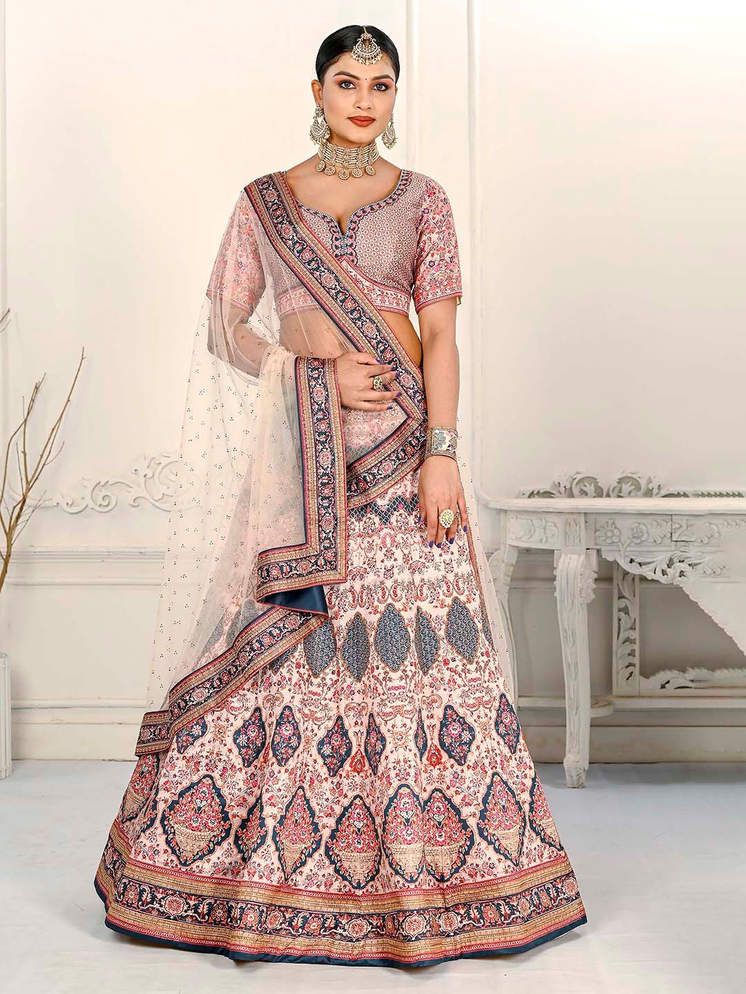 

SAPTRANGI Printed Beads and Stones Ready to Wear Lehenga & Blouse With Dupatta, Peach