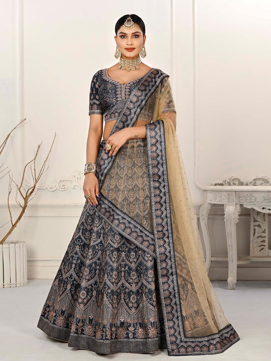 

SAPTRANGI Printed Beads and Stones Ready to Wear Lehenga & Blouse With Dupatta, Blue