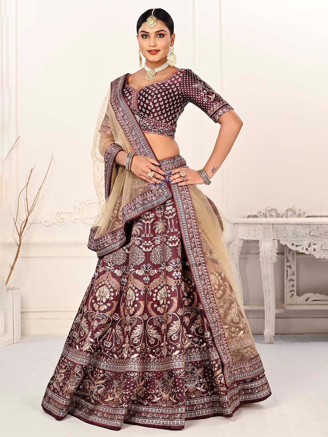 

SAPTRANGI Embroidered Ready to Wear Lehenga & Blouse With Dupatta, Maroon