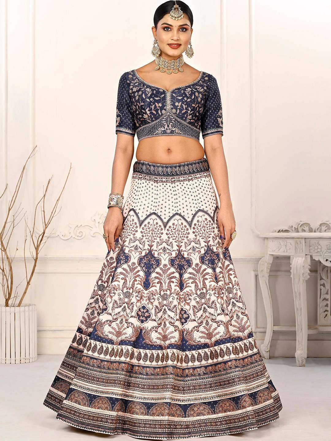 

SAPTRANGI Ethnic Motifs Embroidered Beads And Stones Ready To Wear Lehenga Choli, Blue