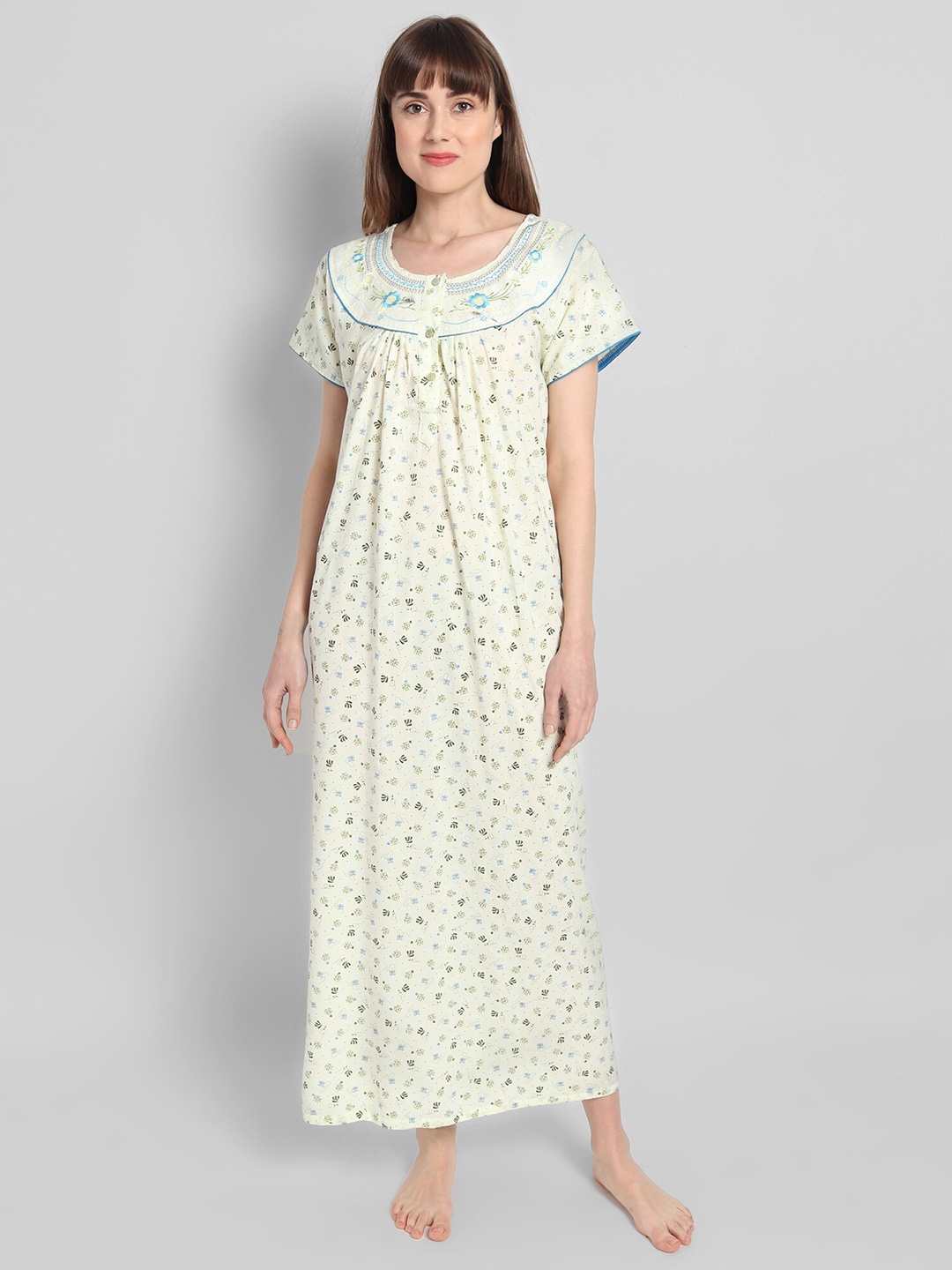 

Noty Printed U Neck Pure Cotton Maxi Nightdress, Sea green