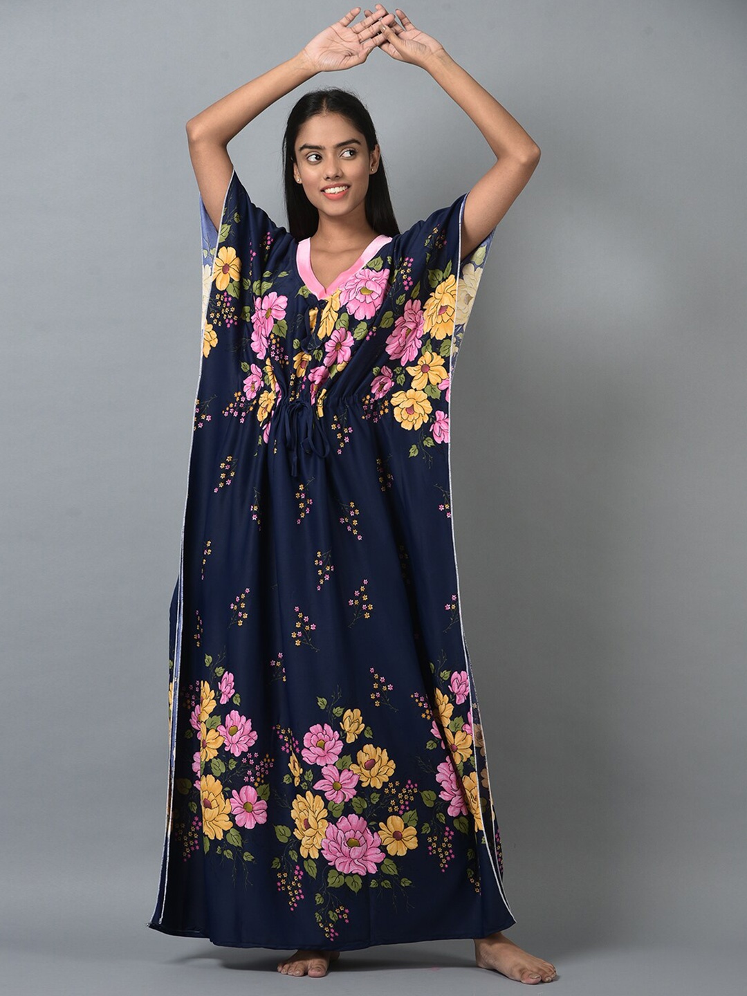 

Noty Floral Printed V-Neck Maxi Kaftan Nightdress, Navy blue