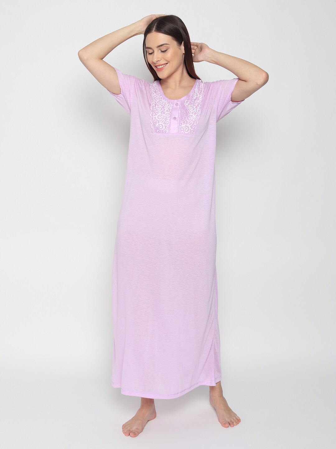

Noty Round Neck Pure Cotton Maxi Nightdress, Lavender