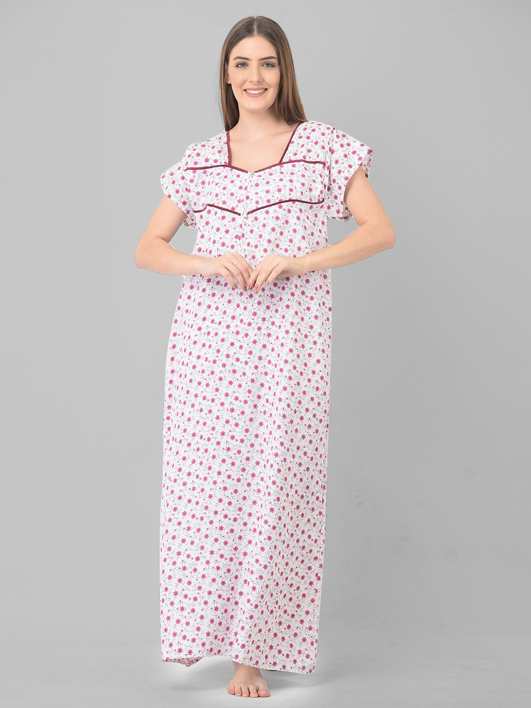 

Noty Printed Square Neck Pure Cotton Maxi Nightdress, White