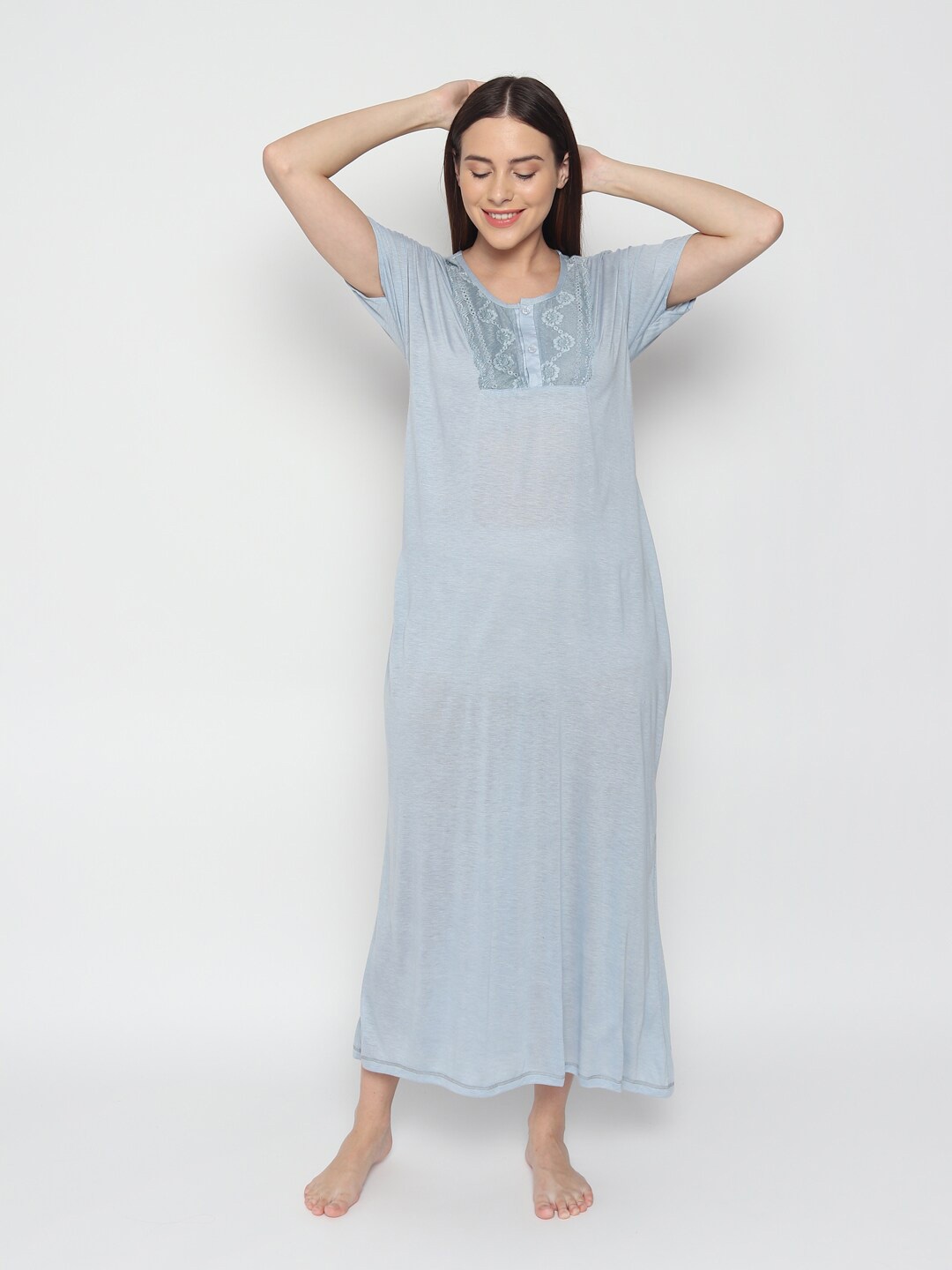 

Noty Round Neck Pure Cotton Maxi Nightdress, Blue