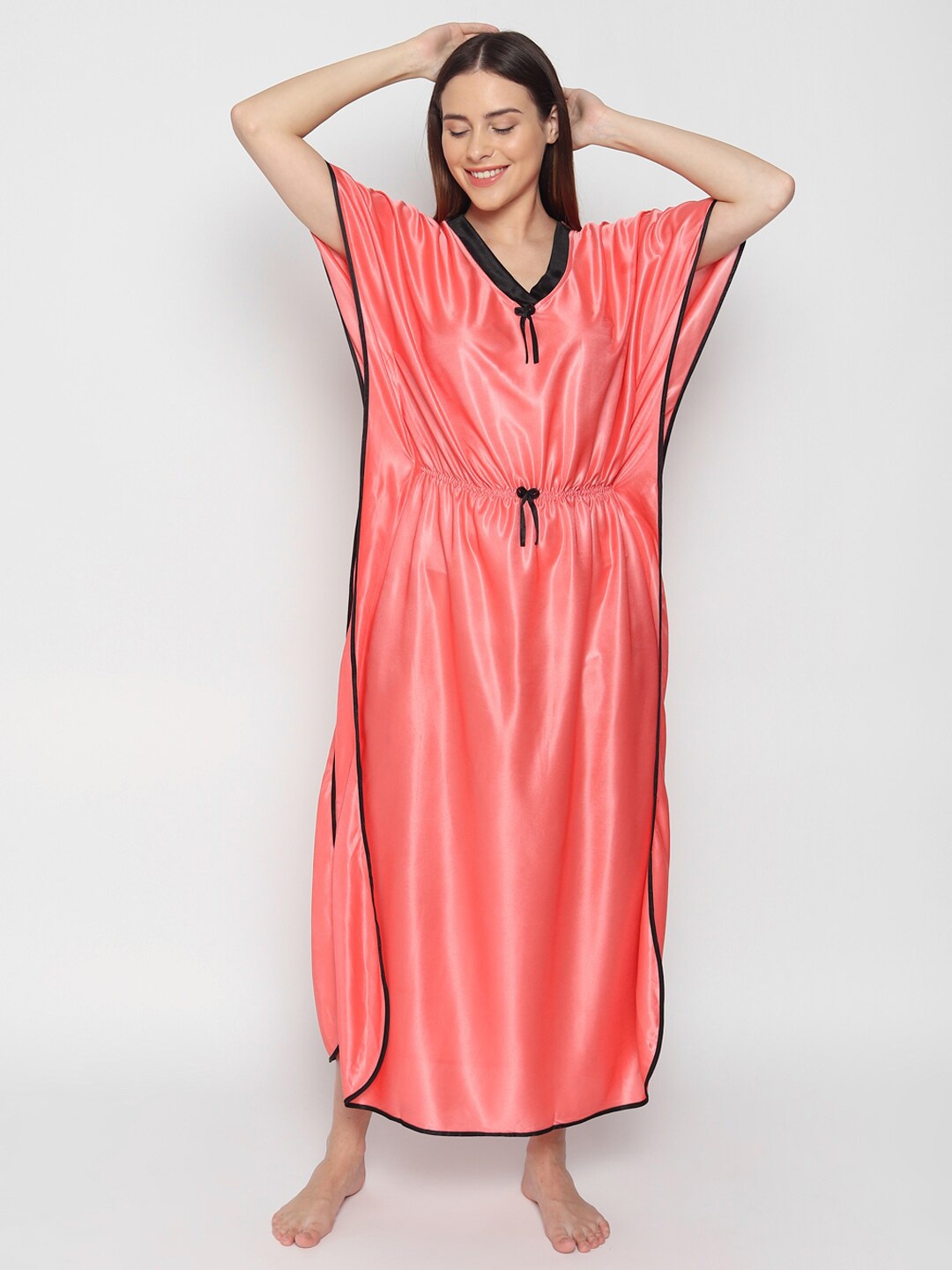 Noty V-Neck Satin Maxi Kaftan Nightdress, Peach