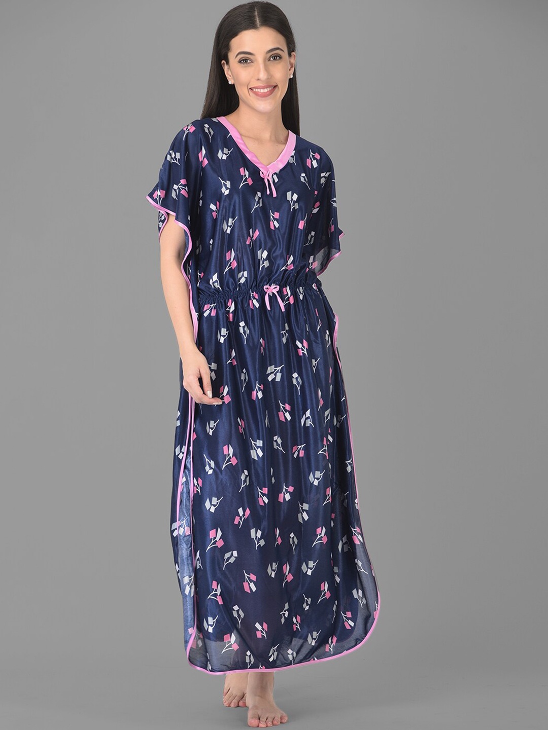 

Noty Conversational Printed Satin Maxi Kaftan Nightdress, Blue