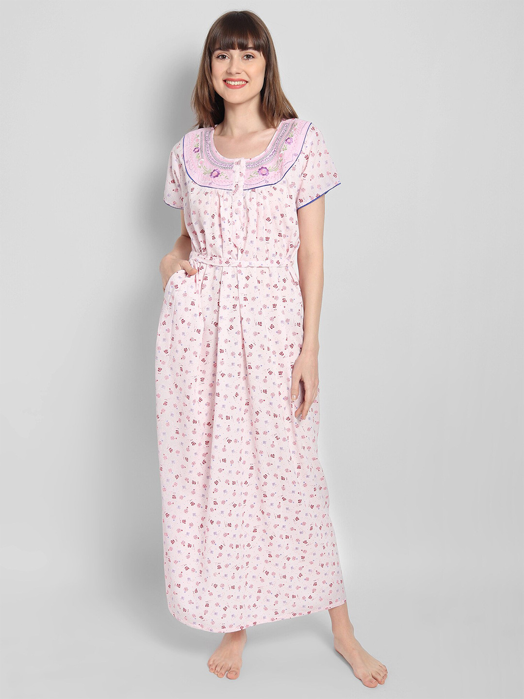 

Noty Printed U Neck Pure Cotton Maxi Nightdress, White