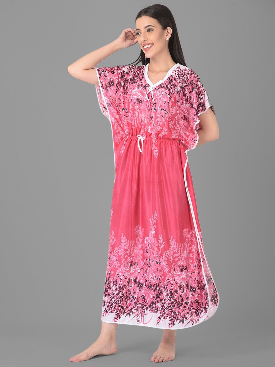 

Noty Floral Printed Satin Maxi Kaftan Nightdress, Pink
