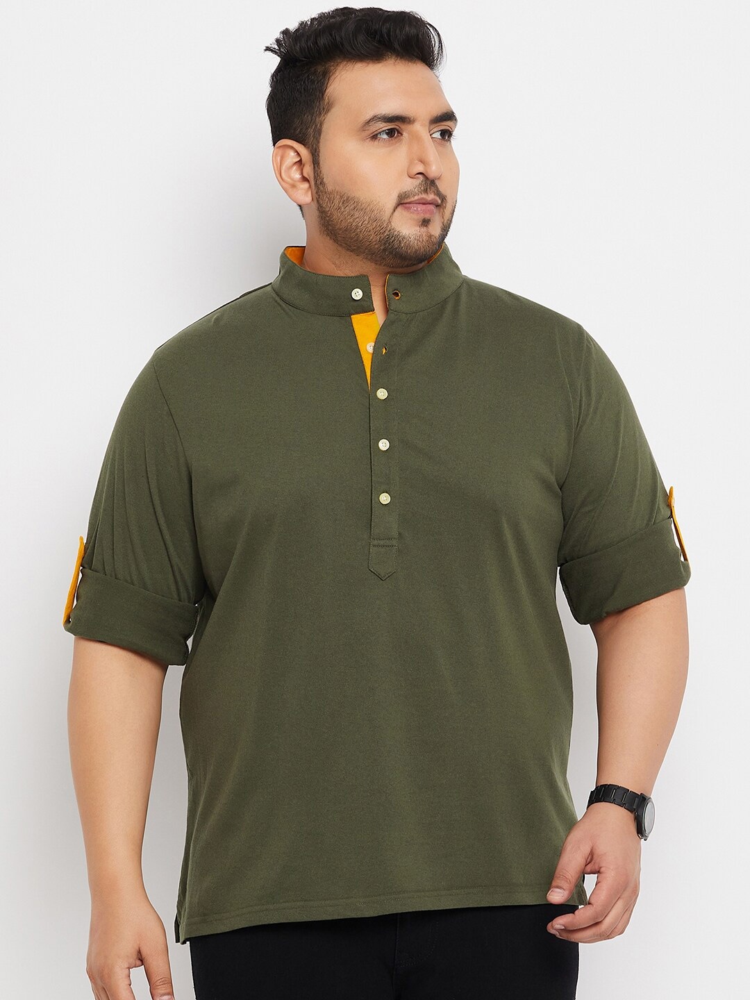 

bigbanana Pure Cotton Plus Size Mandarin Collar Bio Finish Regular Fit T-shirt, Olive