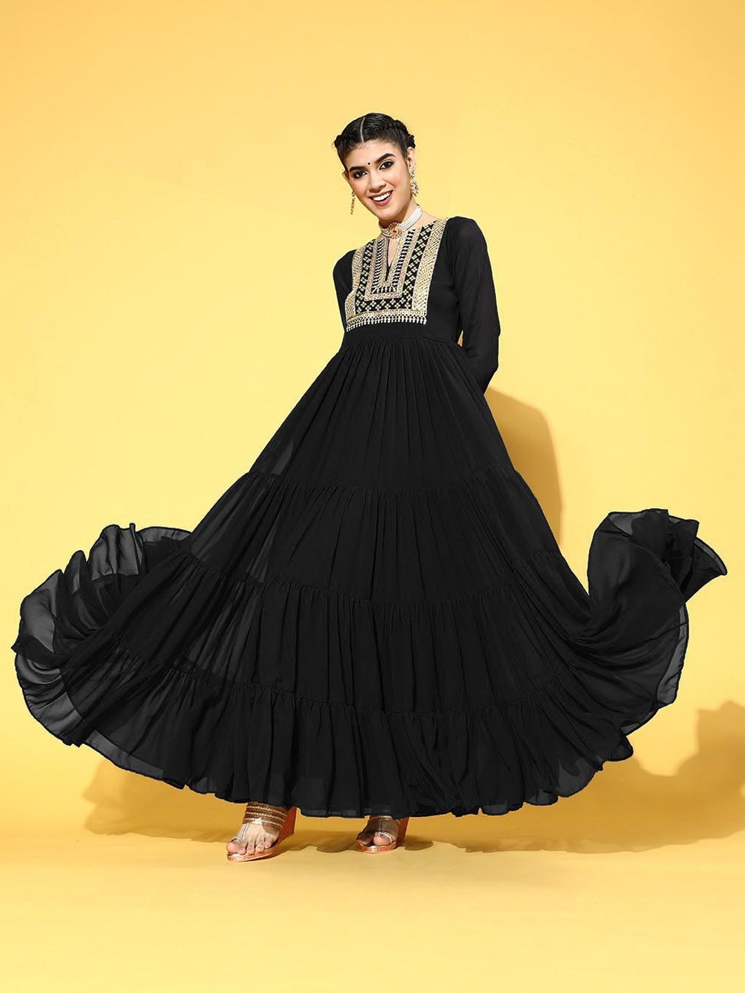 

Shree Ramkrishna Fab Embellished Embroidered Georgette Maxi Ethnic Dress, Black