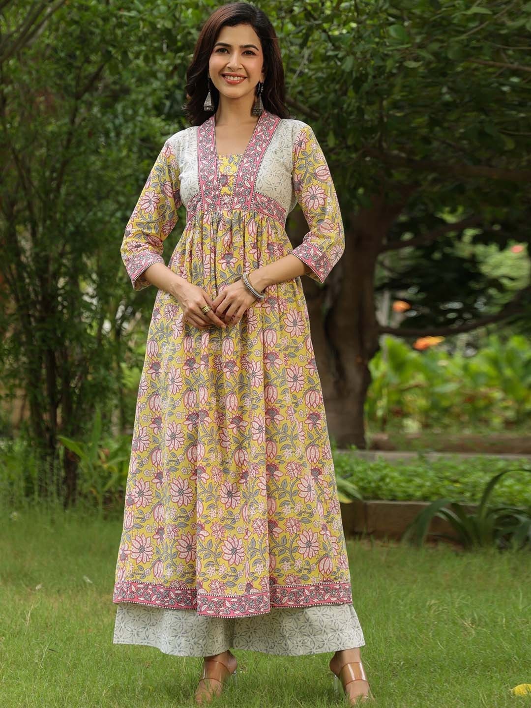 

PINKVILLE JAIPUR Women Yellow Ethnic Motifs Printed Empire Pure Cotton Kurta with Palazzos