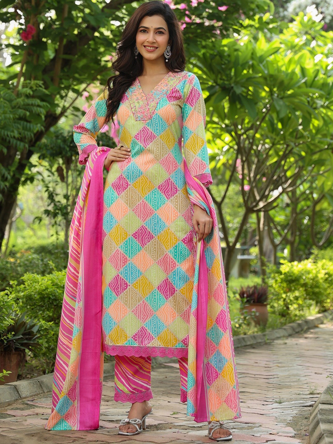 

PINKVILLE JAIPUR Bandhani Printed Kurta with Trousers & Dupatta, Pink