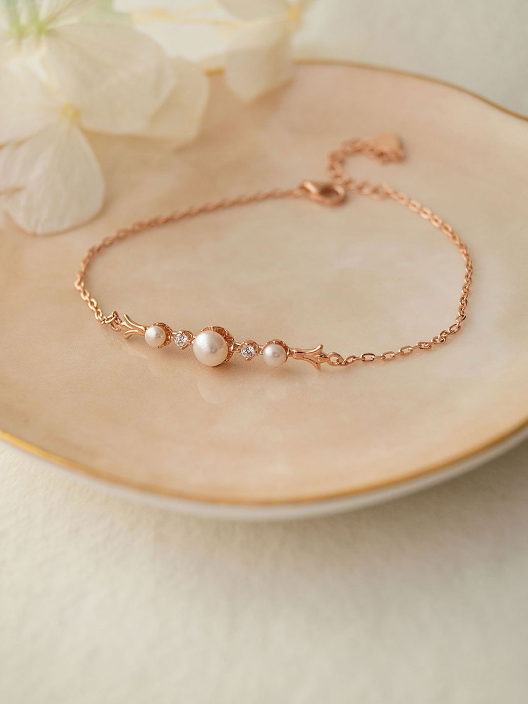 

MANNASH Silver Pearls Rose Gold-Plated Link Bracelet