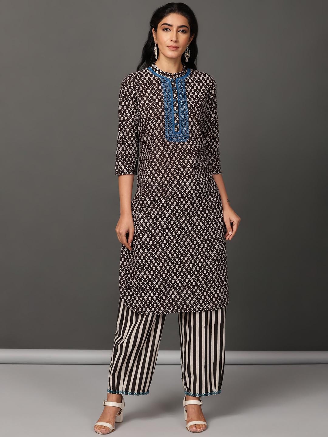 

NUHH Ethnic Motifs Printed Thread Work Pure Cotton Kurta With Palazzos, Black