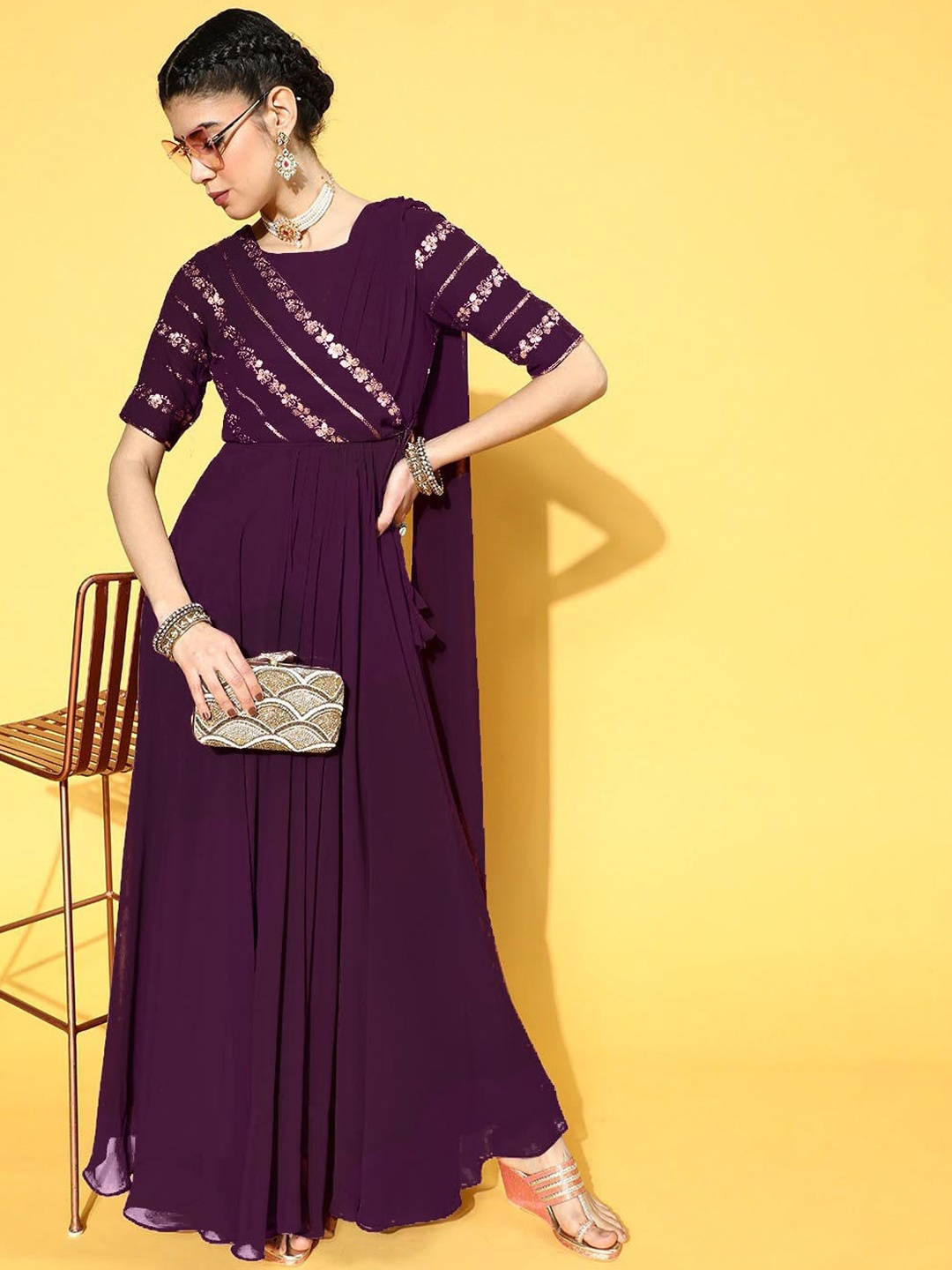 

Shree Ramkrishna Fab Floral Embroidered Georgette Maxi Dress, Burgundy
