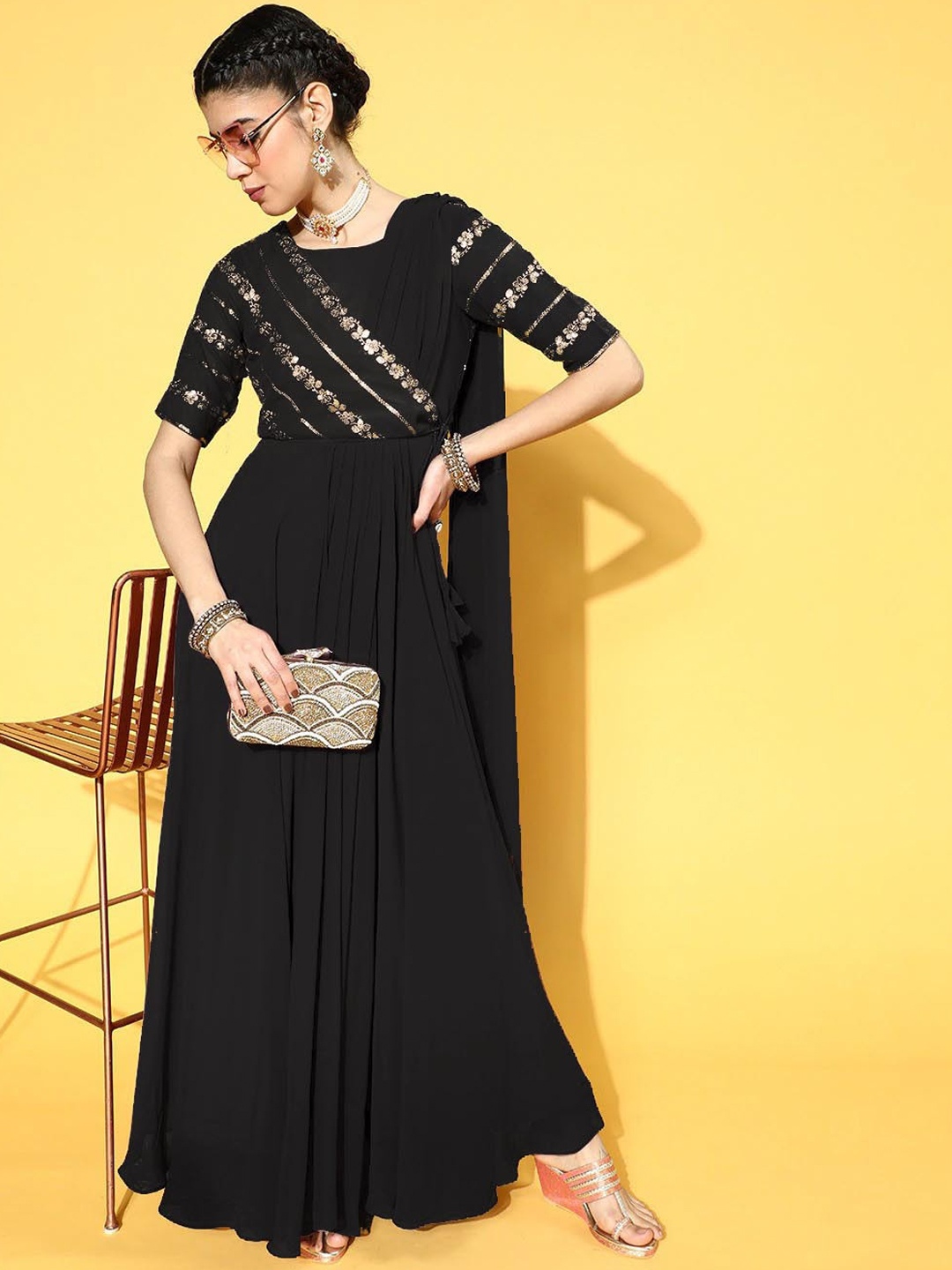 

Shree Ramkrishna Fab Floral Embroidered Georgette Maxi Dress, Black