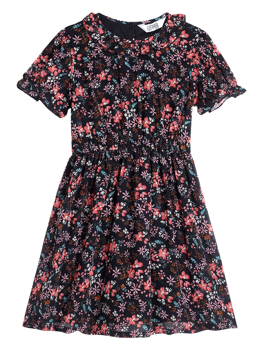 

Cantabil Girls Floral Printed Round Neck Puff Sleeve Gathered Fit & Flare Dress, Black