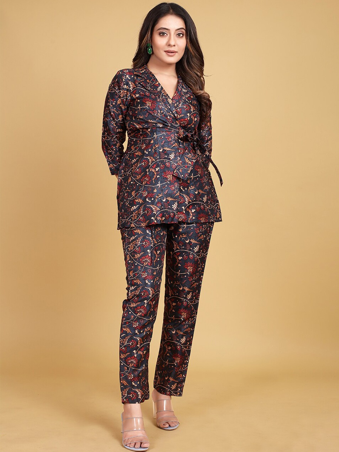 

Tasarika Printed Shawl Collar Top & Trousers, Navy blue