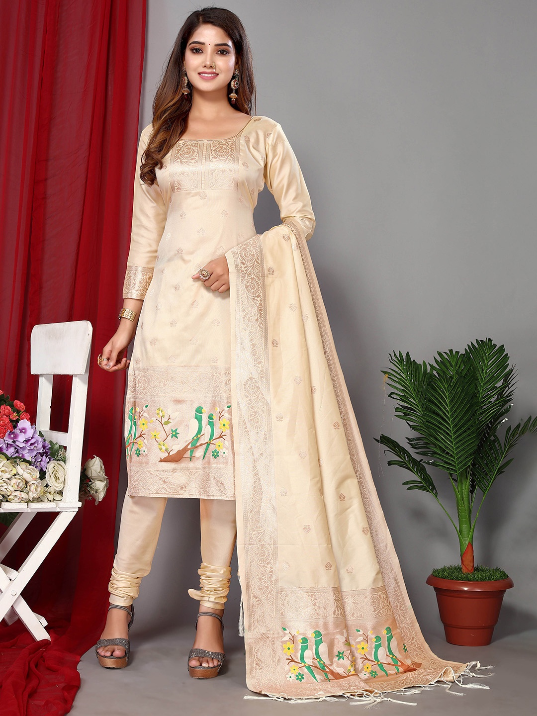 

Ekta Textiles Ethnic Motifs Woven Design Zari Unstitched Dress Material, Cream