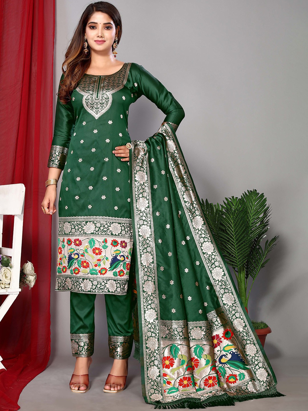 

Ekta Textiles Ethnic Motifs Woven Design Zari Unstitched Dress Material, Green