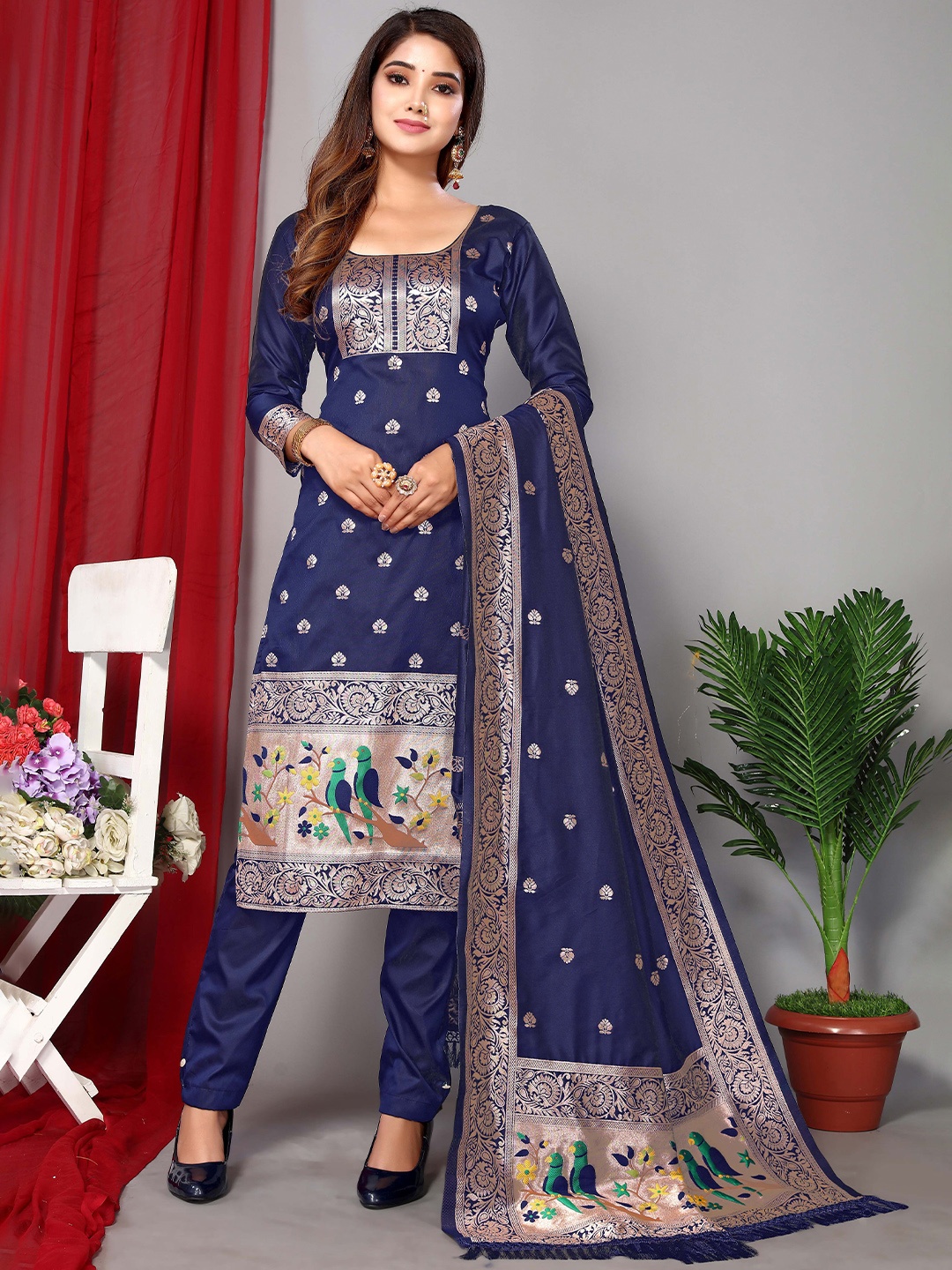 

Ekta Textiles Woven Design Banarasi Silk Unstitched Dress Material, Navy blue