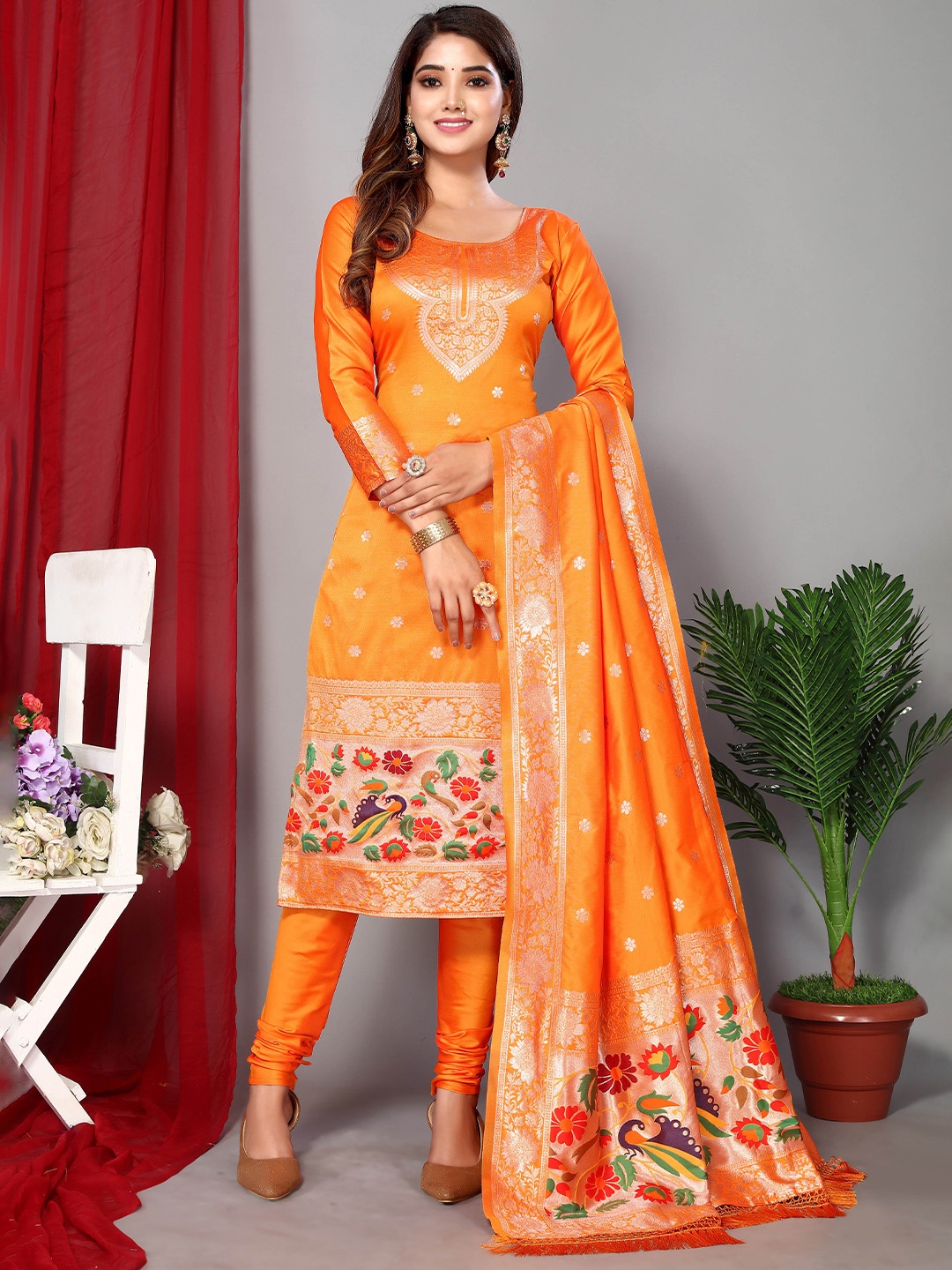 

Ekta Textiles Woven Design Banarasi Silk Unstitched Dress Material, Orange