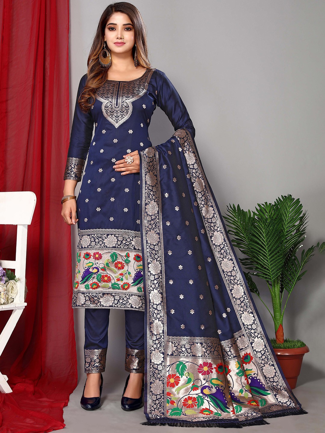 

Ekta Textiles Ethnic Motifs Woven Design Zari Unstitched Dress Material, Navy blue