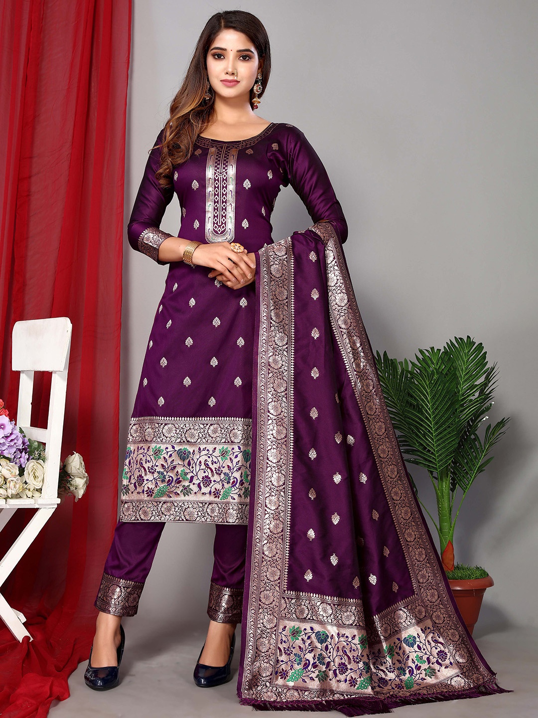 

Ekta Textiles Ethnic Motifs Woven Design Zari Unstitched Dress Material, Purple