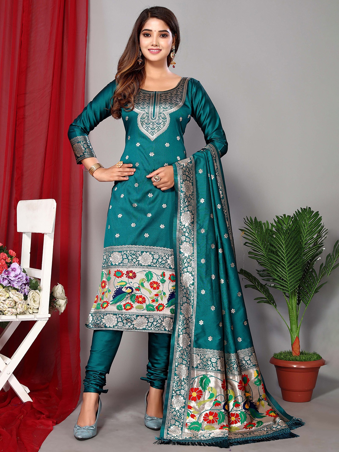 

Ekta Textiles Ethnic Motifs Woven Design Zari Unstitched Dress Material, Teal