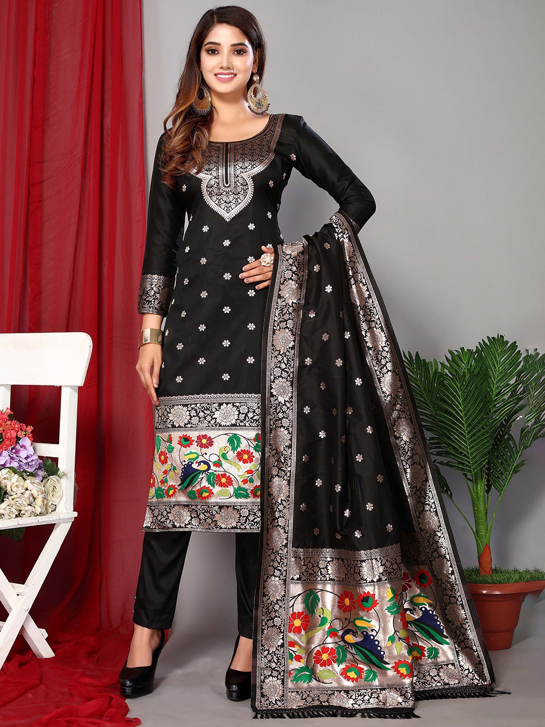 

Ekta Textiles Ethnic Motifs Woven Design Zari Unstitched Dress Material, Black