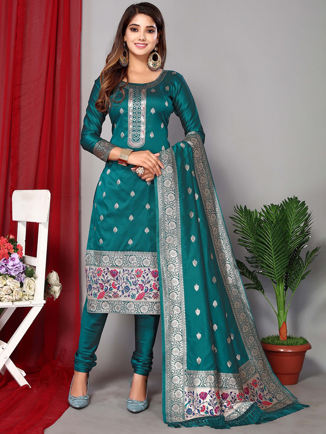 

Ekta Textiles Ethnic Motifs Woven Design Zari Unstitched Dress Material, Teal