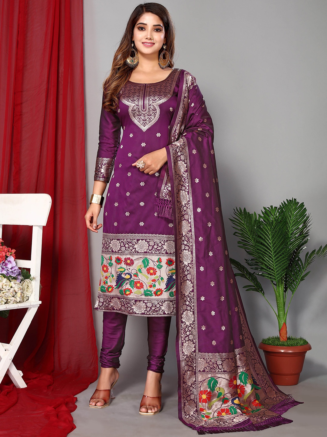 

Ekta Textiles Ethnic Motifs Woven Design Zari Unstitched Dress Material, Purple
