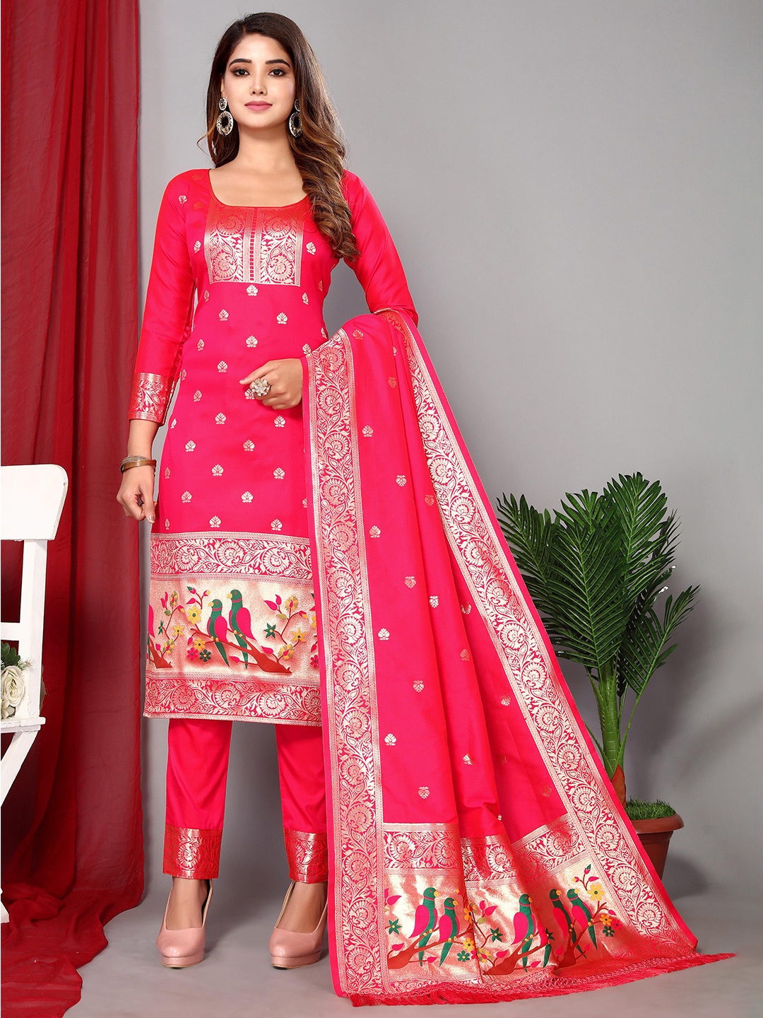 

Ekta Textiles Ethnic Motifs Woven Design Zari Unstitched Dress Material, Pink