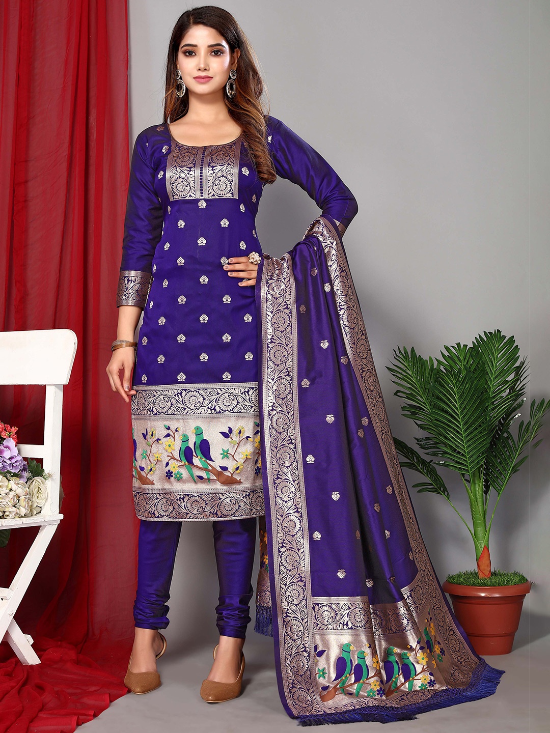

Ekta Textiles Ethnic Motifs Woven Design Unstitched Dress Material, Blue