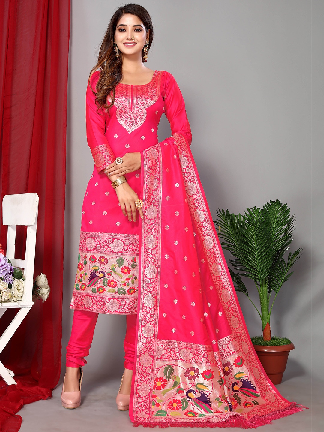 

Ekta Textiles Ethnic Motifs Woven Design Unstitched Dress Material, Pink