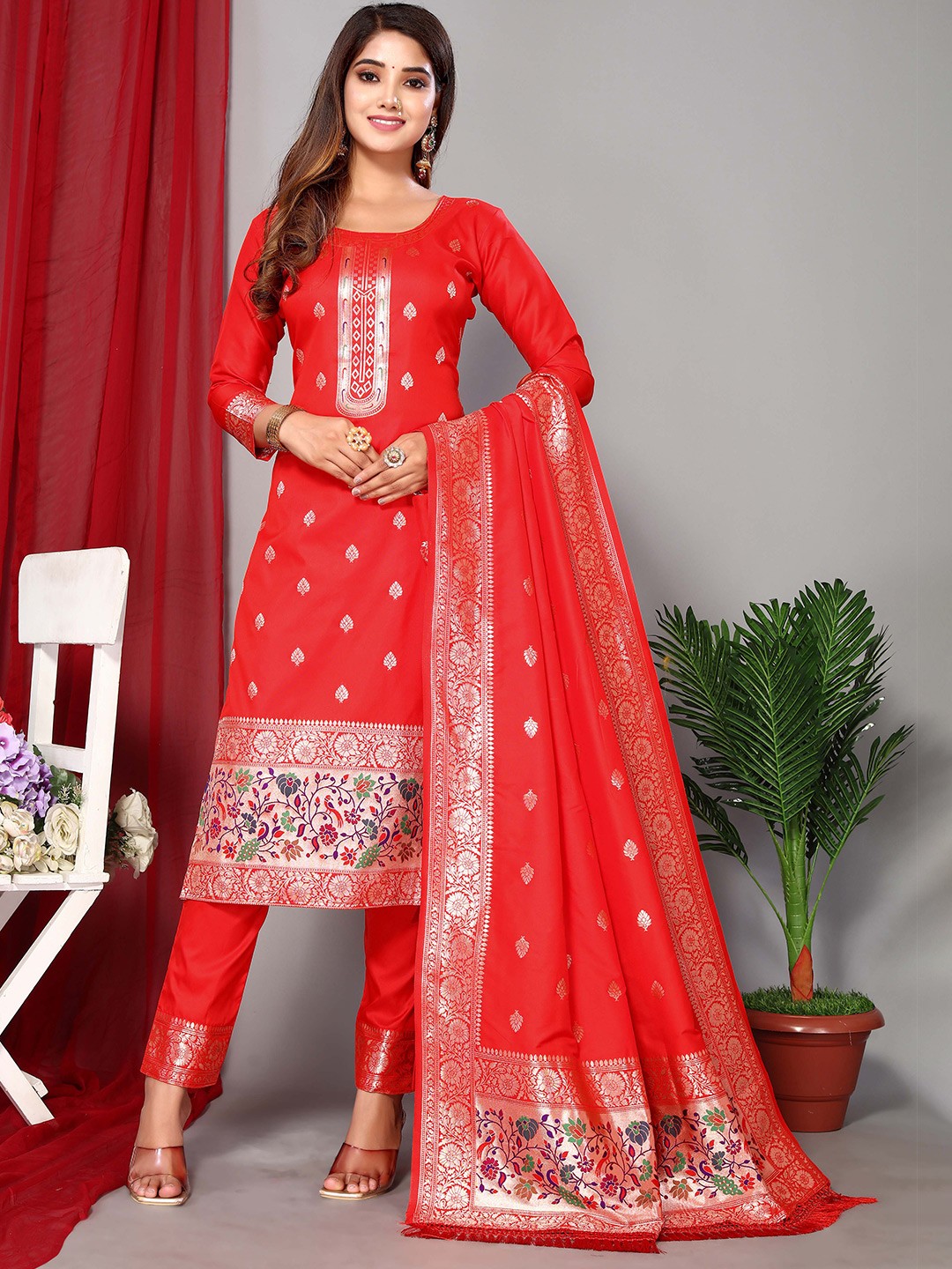 

Ekta Textiles Ethnic Motifs Woven Design Unstitched Dress Material, Red