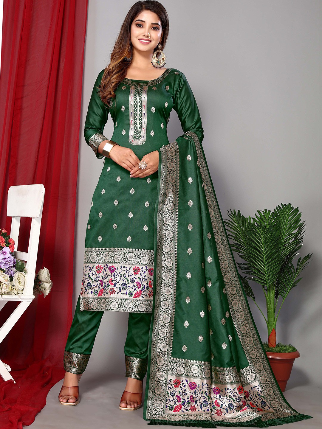 

Ekta Textiles Ethnic Motifs Woven Design Unstitched Dress Material, Green