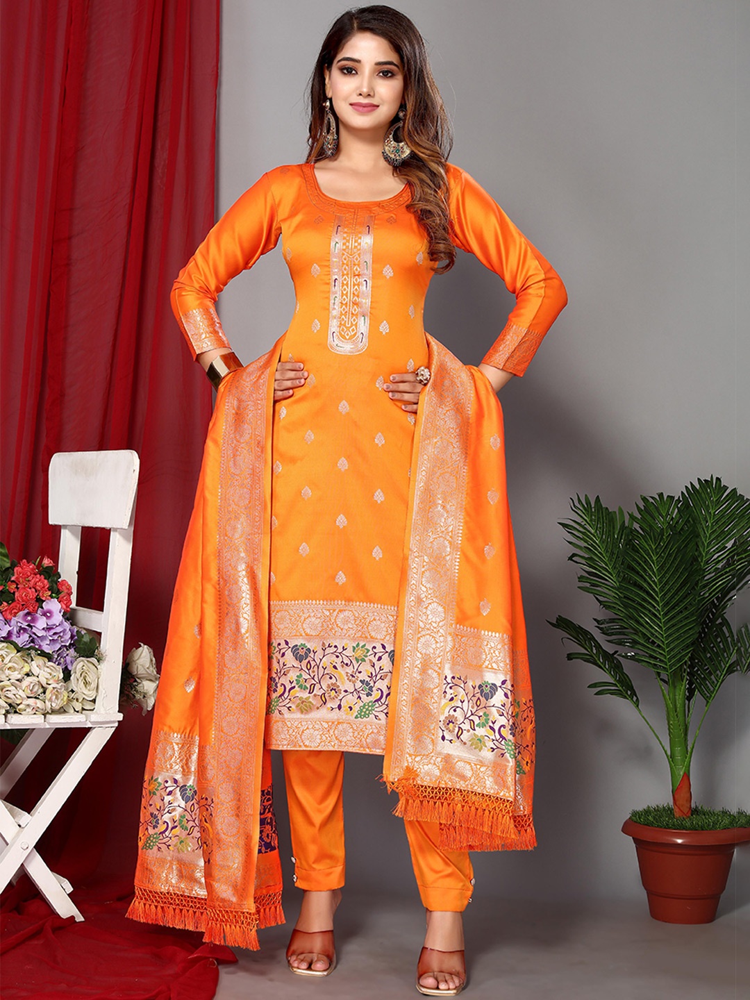 

Ekta Textiles Ethnic Motifs Woven Design Unstitched Dress Material, Orange