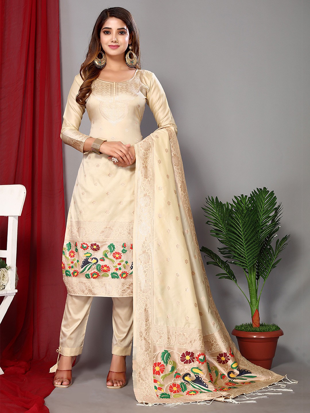 

Ekta Textiles Ethnic Motifs Woven Design Unstitched Dress Material, Cream