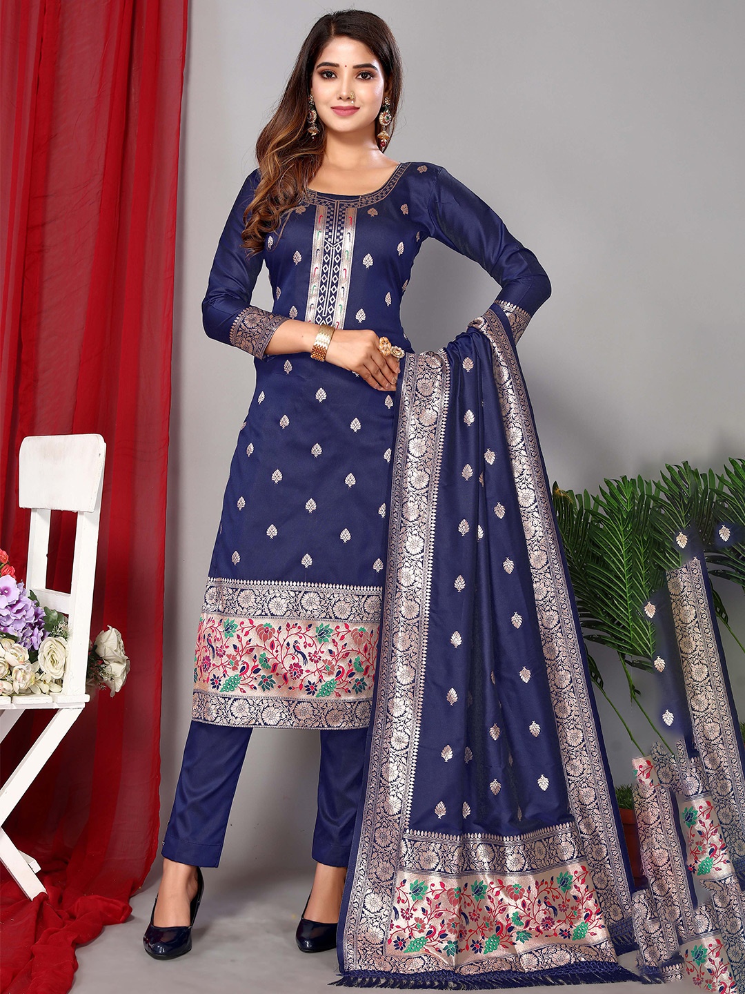 

Ekta Textiles Ethnic Motifs Woven Design Unstitched Dress Material, Navy blue