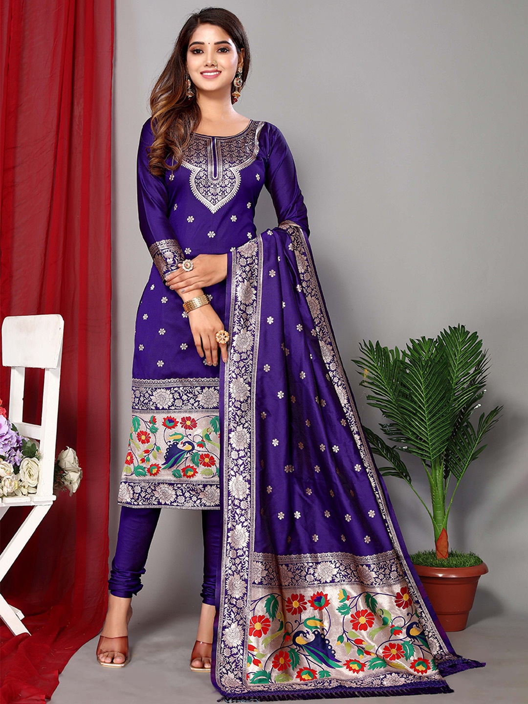 

Ekta Textiles Ethnic Motifs Woven Design Unstitched Dress Material, Blue