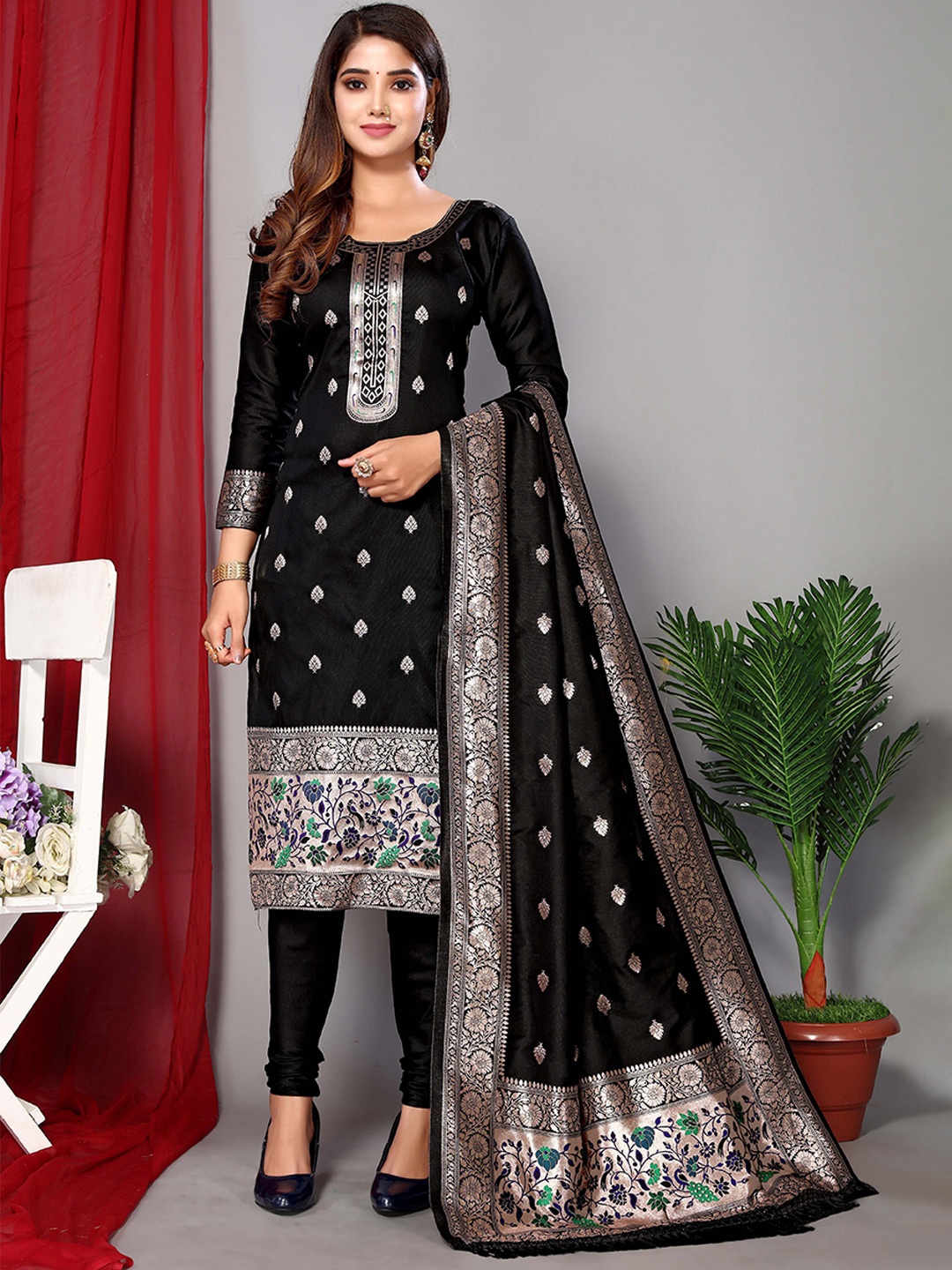 

Ekta Textiles Ethnic Motifs Woven Design Unstitched Dress Material, Black