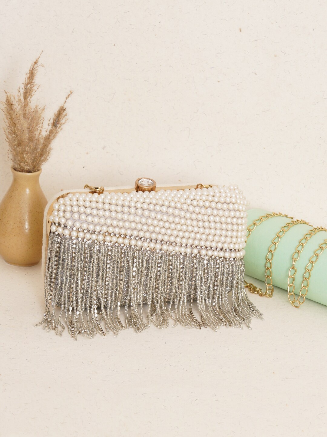 

FABBHUE Embellished Box Clutch, Gold