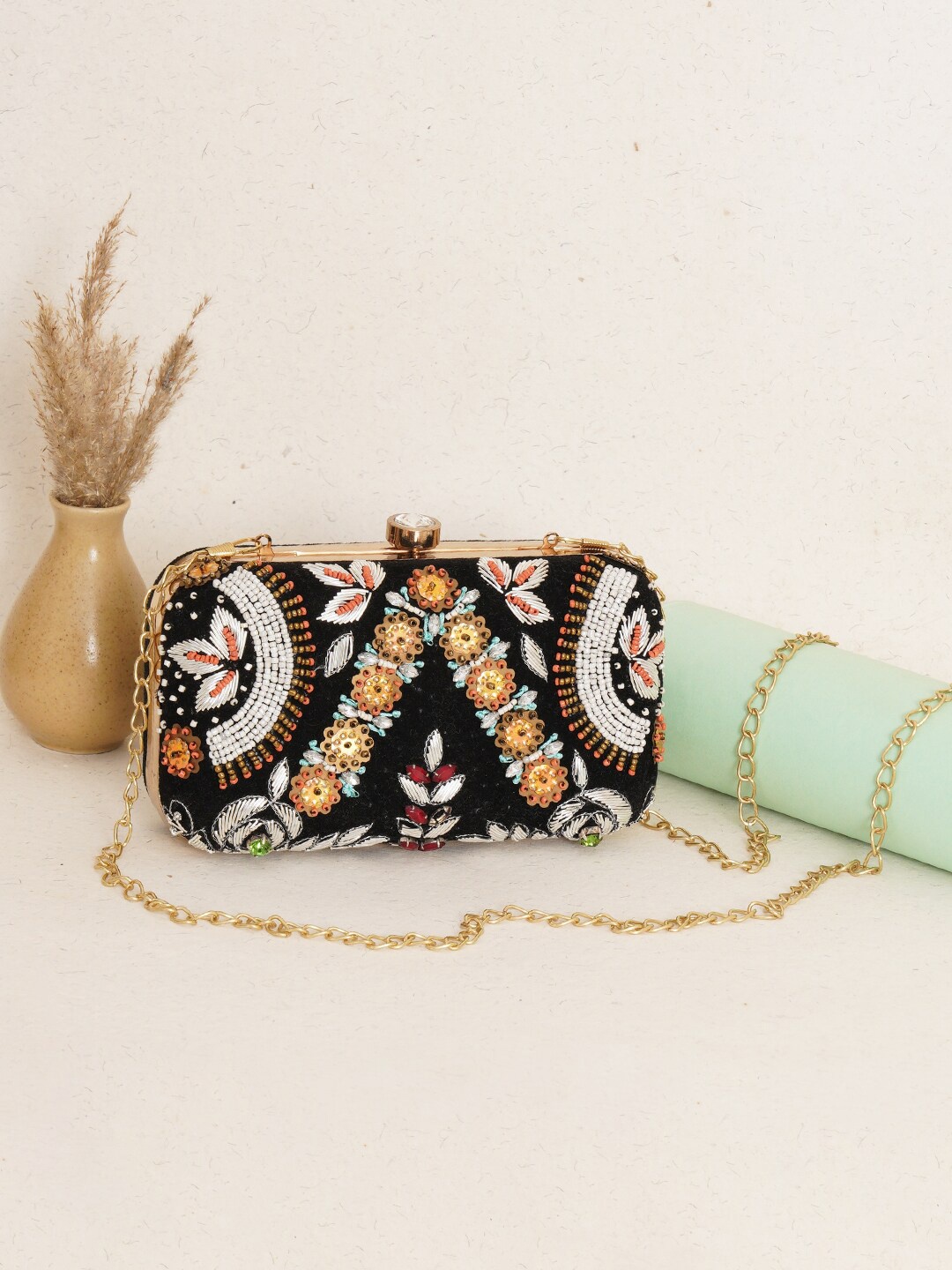 

FABBHUE Embellished Box Clutch With Shoulder Strap, Black