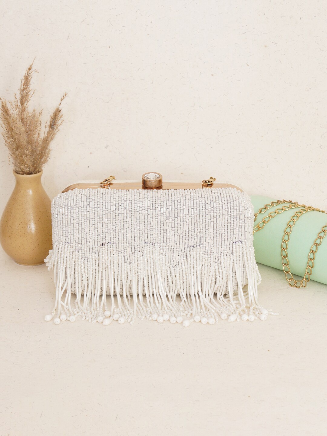 

FABBHUE Embellished Box Clutch With Shoulder Strap, White