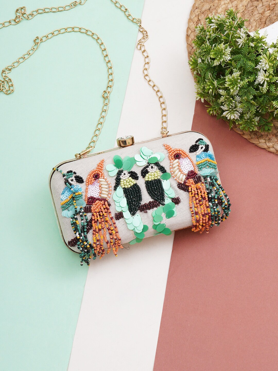 

FABBHUE Embellished Box Clutch With Shoulder Strap, Green