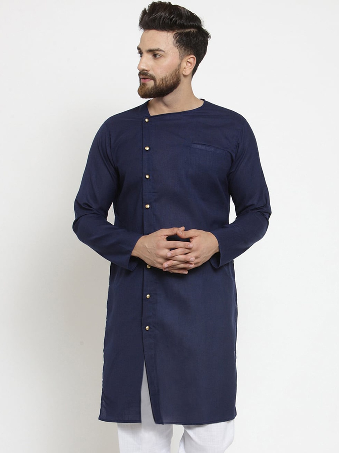 

TREEMODA Round Neck Long Sleeves Angrakha Cotton Kurta, Navy blue