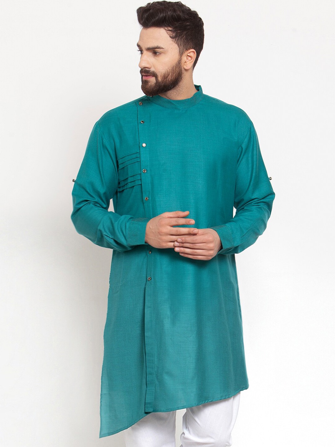 

TREEMODA Band Collar Asymmetric Hem Straight Kurta, Green
