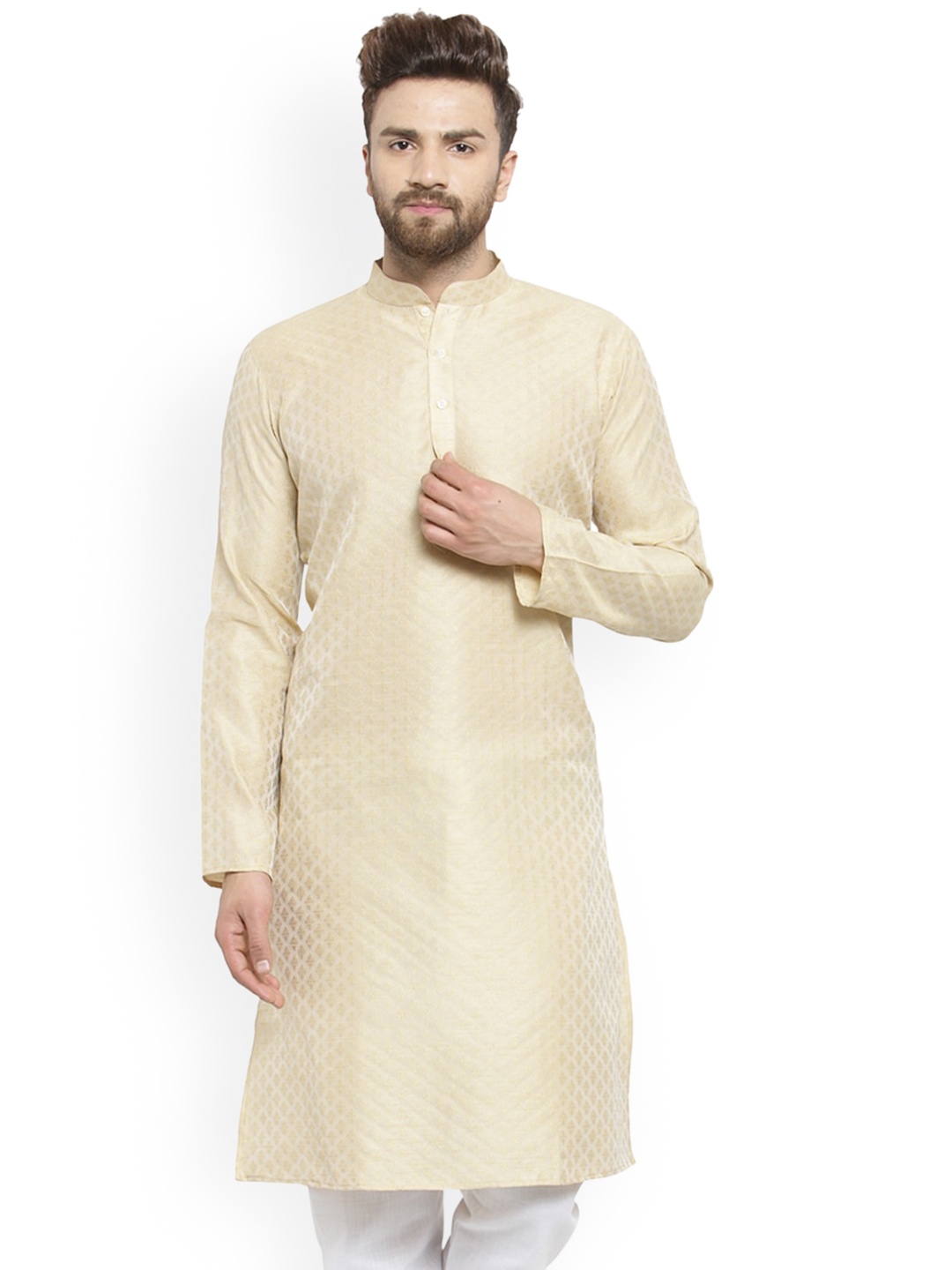 

TREEMODA Ethnic Motifs Woven Design Mandarin Collar Straight Kurta, Beige